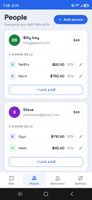 People tab showing each person's linked bills, dollar share, and percentage split.
