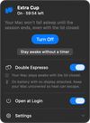 The Extra Cup panel in dark mode: an hour's session counting down, with Double Espresso on to keep the Mac awake with the lid closed.