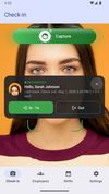 Check-in screen: the face is recognized and the app suggests clock in or out