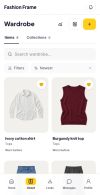 Wardrobe: actual app screen with example clothing items.
