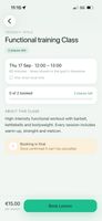 Class detail: date, duration, spots left, description and booking rules.