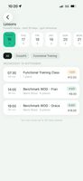 The gym's next 30 days of classes, with time, duration, price and spots left.