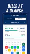 Bills at a Glance: "Switch between list and calendar views, with a running summary of paid, remaining, income, and what's left over."