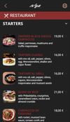 A venue's live menu on a phone: each dish with its own photo, price and description, translated for the guest.