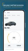 Real fuel economy calculated from full-tank fill-ups, with per-fill and average figures.