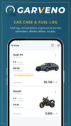 Garage view with all your vehicles — consumption, monthly cost and mileage at a glance.