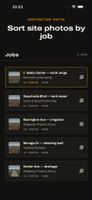 Displays the "Stamp photos by job" feature, showing a list of project folders for organizing captures.