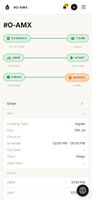 One order from start to finish: scheduled, team on the way, started, finished and invoiced, with check-in notes.