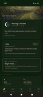 Landing Page.png — The app home screen. Shows the Greenman header image, current moon phase (Waning Crescent, Crone aspect), next sabbat countdown (Litha, 38 days), and a "Begin Here" prompt for new users. Grimoire section tiles visible below.