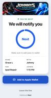 Customers see their place and a real wait, and save it to Apple Wallet or Google Wallet.
