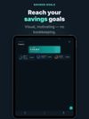 Savings goals with visual progress; monthly savings amounts are built into the plan (iPad).