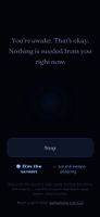 The 3am screen mid-session: quiet classical piano playing, near-black display, no clock, and a Stop button — nothing is asked of you.