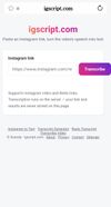 The igscript.com homepage on a phone — paste an Instagram link, hit Transcribe, and get the transcript; all footer pages (About, Privacy, Contact, Sitemap) are live.
