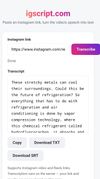 igscript.com transcribing a real Instagram Reel  — the pasted link returns the spoken words as text, ready to copy or download as TXT/SRT.

