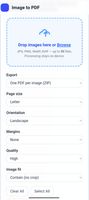 This screen displays the Image to PDF tool. Users can drop or browse for image files (up to 50), then choose export options (one PDF per image or combined), page size, orientation, margins, image quality, and image fit settings. All processing happens on the device for maximum privacy and speed.