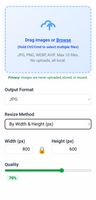 This screen shows the main interface of ImageReducerApp’s image resizer. Users can drag and drop images or browse to select files (JPG, PNG, WEBP, AVIF). Options let you set the output format (JPG), resize by width and height in pixels, and adjust the quality percentage. Privacy is highlighted: images are processed locally and never uploaded.
