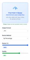This is another view of the image resizer tool, showing the option to resize images by percentage instead of fixed dimensions. The sliders allow users to set the resize percentage and output quality, ensuring quick and customizable image optimization—all without uploads.