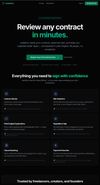 IndiePact homepage showcasing AI-powered contract review for freelancers, founders, and creators. Users can review contracts in minutes, detect hidden risks, understand legal language in plain English, rewrite unfair clauses, and protect themselves before signing agreements.