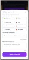 Capturing guest dietary requirements in Invyt: vegetarian, vegan, gluten free, halal, kosher, nut free and custom allergies collected automatically with every RSVP.
