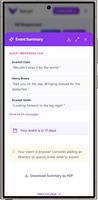 Invyt event dashboard with a live RSVP summary, guest messages, a real time countdown and a one tap downloadable, printable PDF guest list for caterers and venues.