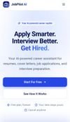 JobPilot AI homepage featuring an AI-powered career assistant that helps job seekers create resumes, write cover letters, manage applications, and prepare for interviews. Free to get started.