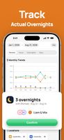 Custody analytics: monthly parenting-time trends and overnight counts generated from the calendar, with a stay to confirm.