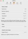 Battery health: cycle count, maximum capacity, condition, temperature and voltage, with live system power and the apps using the most energy.
