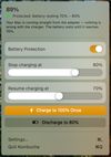 Menu bar panel: the battery rests between 70% and 80% while the Mac runs from the adapter, with sliders for the stop and resume levels.