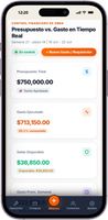 Panel financiero ejecutivo en el celular. Resumen inmediato de presupuesto asignado, gasto real y saldo disponible en campo.