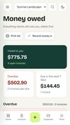 Money owed: every unpaid invoice, oldest first, with one-tap email and mark paid.