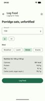 Logging a food by weight, with the meal chosen and the nutrition for 100 g shown before you save.