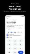 Creating a vault: no account or sign-up. You choose a PIN of 6 or more digits; easy PINs and dates are refused, and the PIN never leaves the phone.
