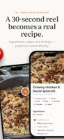 A recipe imported from an Instagram Reel, with ingredients, steps and timings extracted automatically.