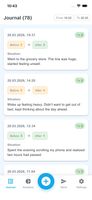 Your CBT diary timeline with before/after anxiety ratings on every entry. Track how each thought record lowers distress over time — searchable by date range.
