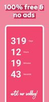 The apps default view showing the days, hours, minutes, and seconds until "our wedding". Above the text "100% free & no ads".