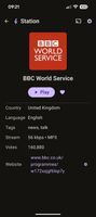 Station detail with country, language, tags, bitrate and codec