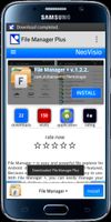NeoVisio Android client displaying a successful 'Download completed' notification overlay and an integrated progress manager for application binaries.