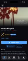 Tap any recommendation for the full detail view. Run dates, season count, streaming home, a personalized match score (78% for Animal Kingdom), genre tags, "Where to Watch" deep link, and a spoiler-free About section. Add to Watch Next or share with a friend in one tap.
