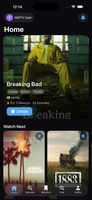 Start every session with a personalized featured pick. NextWatchTV's Home screen surfaces your top match — here, Breaking Bad at 74% — with genres, streaming service, IMDb rating, and a "Watch Next" carousel of more recommendations underneath.
