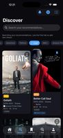 The Discover tab lets you narrow your recommendations by genre (Drama, Adventure, Political, Legal), streaming service (Netflix, Amazon Prime, AMC+, and more), or both at once. Every result is a completed series with its match score, run dates, episode count, and "Ended" badge on display.
