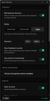 Settings — Configure push-to-talk, push-to-mute, keyboard shortcuts, feedback sounds, and virtual microphone options. 