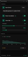 Dashboard — Enable AI noise cancellation and voice gating while monitoring microphone input and filtered output in real time. 