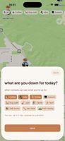 Setting what you are up for today. Eleven activity tags, from coffee and hike to van help and park nearby. Other nomads see your tags on your pin. The free tier allows three at a time; nomatch+ removes the limit.