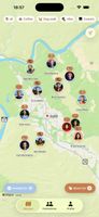 The map. Verified nomads parked nearby, each pin showing the activity they are down for today. The filter row across the top narrows the map to one activity: coffee, dog walk, hike, cowork. This is the whole app in one screen; there is no swipe deck.