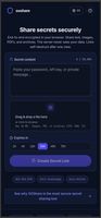  The landing page is the tool itself. Paste a password or API key into the text area, or drag in a file up to 10 MB — images, PDFs, or archives. Choose when it expires (1–72 hours), and get a link that self-destructs after one view — encrypted in your browser before it ever reaches the server.