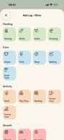 Easy logging: clear, color-coded buttons organize feeding, care, activities and growth in a calm, readable interface.