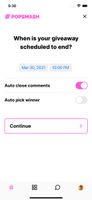 Settings for your Instagram giveaway like end date/time, along with the options to automatically pick a winner and close comments.