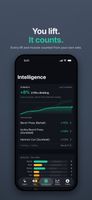 The Intelligence tab. A strength climb chart shows how your lifts are moving, with each lift's change listed below and muscle volume underneath.