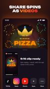 The winner gets a crown and fireworks, and the spin is saved as a 9:16 video for TikTok, Reels or Shorts.