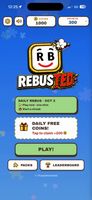 Home screen with the Daily Rebus, free daily coins, packs, and the leaderboard.
